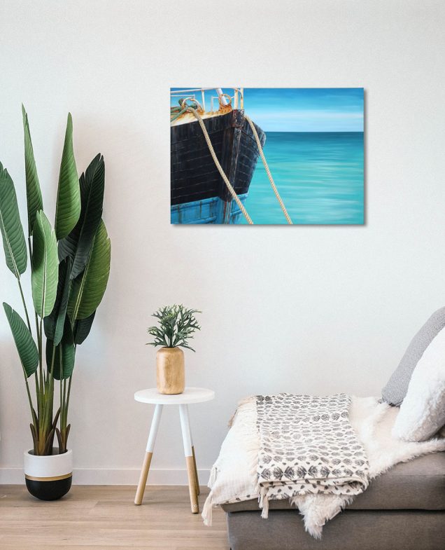 Trawler painting hanging in a room