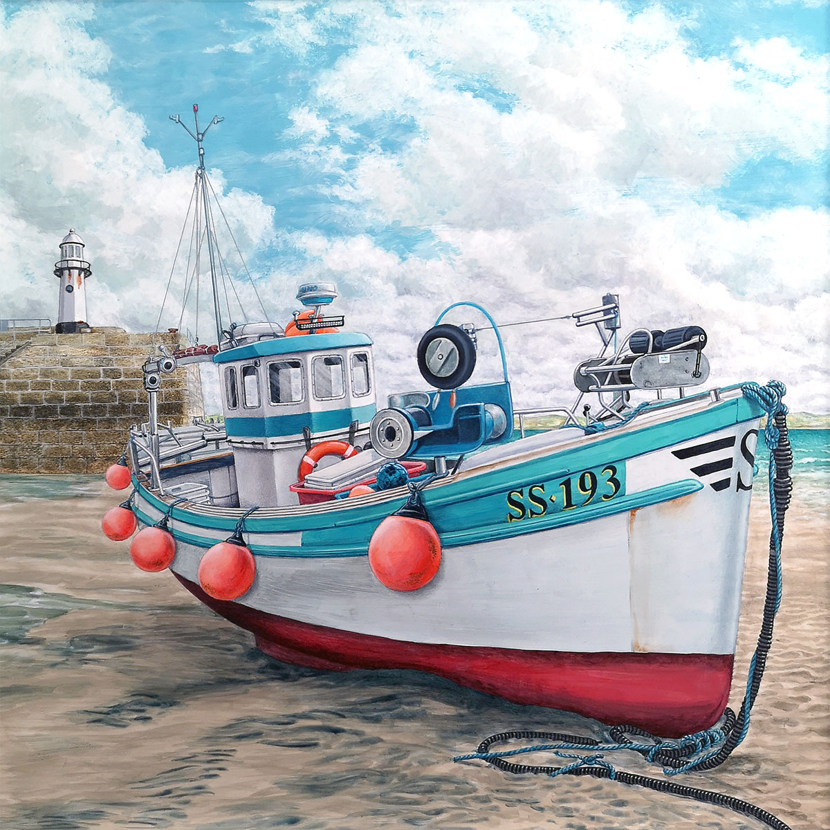 Original Painting of a Fishing Boat in St Ives, Cornwall - Marine