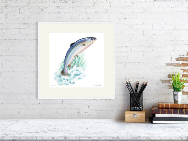 Salmon print in a white frame