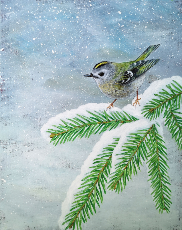 Original painting of a goldcrest bird