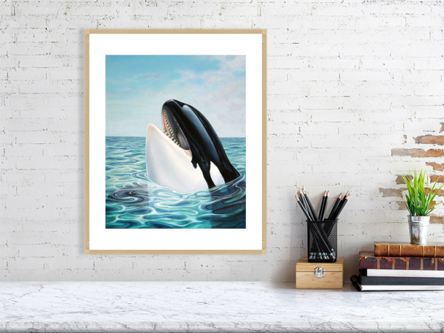Print of an orca in an oak frame