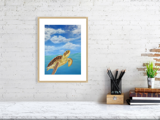 Sea turtle print in an oak frame