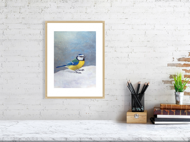 Print of a blue tit in an oak frame