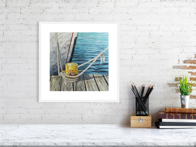 Boat mooring print in a white frame