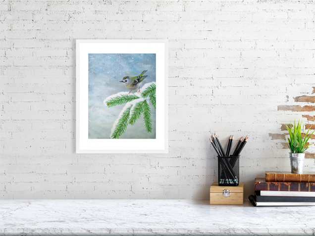 Goldcrest print in a white frame