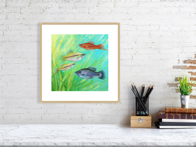 Swordtail fish print in an oak frame