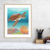 Coral and sea turtle print in an oak frame