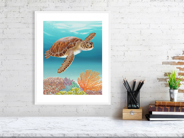 Coral and sea turtle print in a white frame
