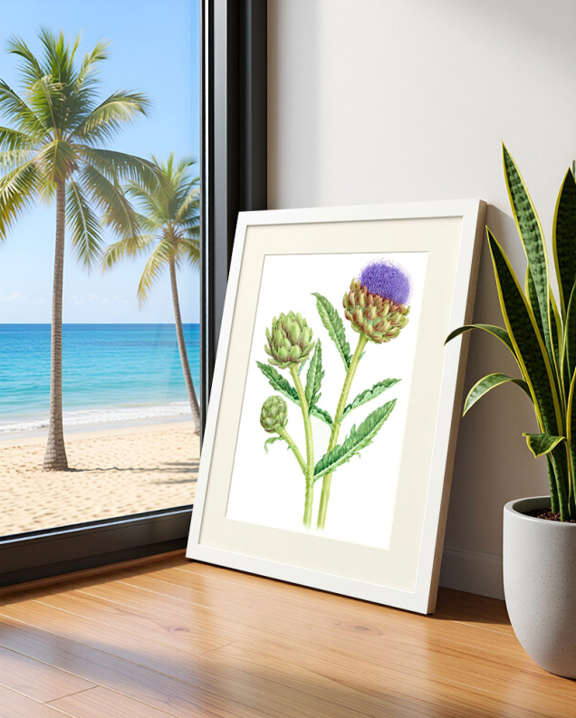 Botanical illustration framed picture in a room interior