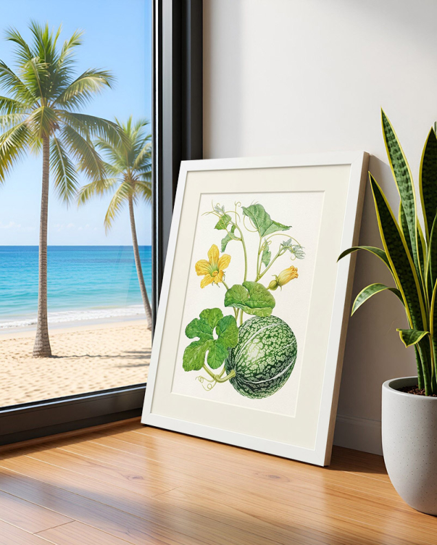 Botanical illustration framed picture in a room interior